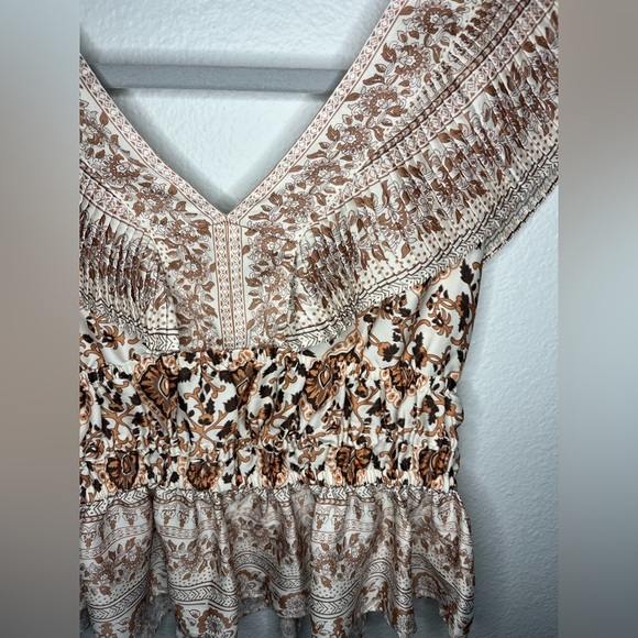Rachel Zoe Tan and Brown Smocked Peplum Boho Blouse - Picture 3 of 5